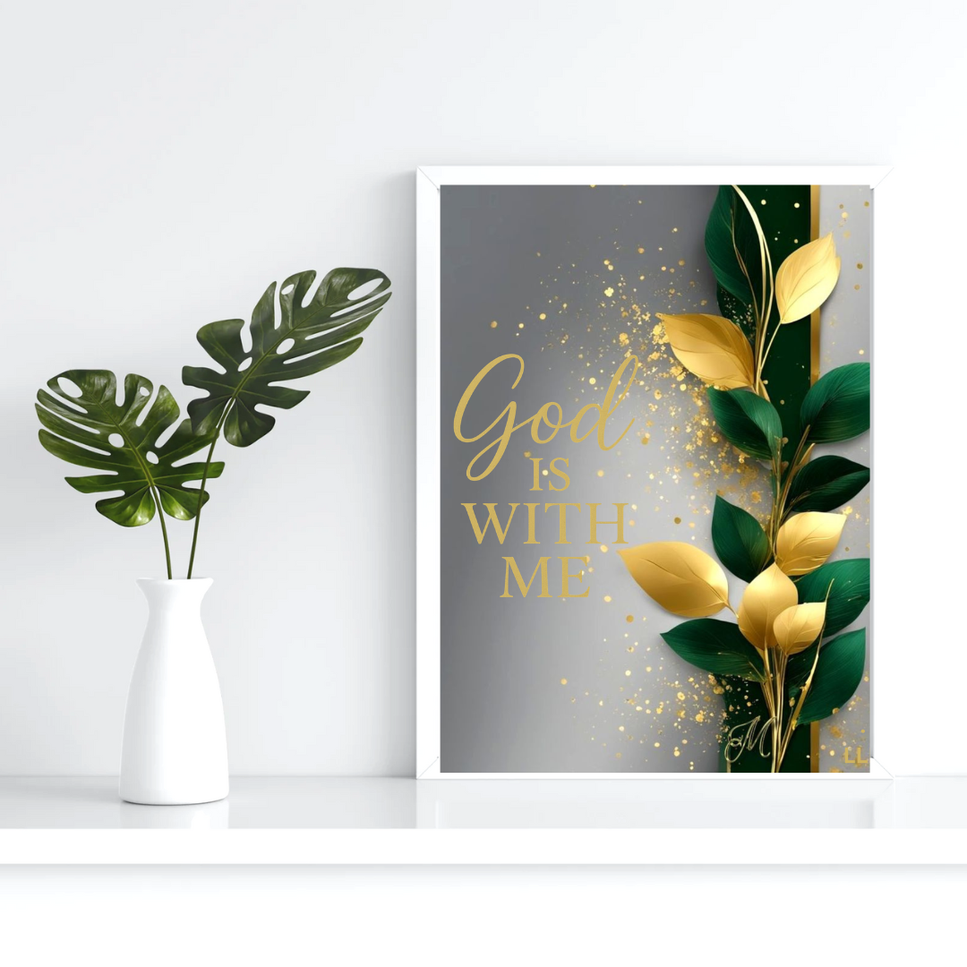 Modern Gold and Green leaf Scripture Wall Art God is with me | Printable Digital Download